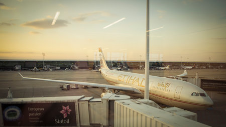 Zaventem, Belgium, November 2013: Etihad Airways airplane parked at the gates of the airportのeditorial素材