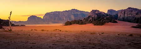 Night falls over Wadi Rum desert in Jordan. Panorama sunset shot.の写真素材