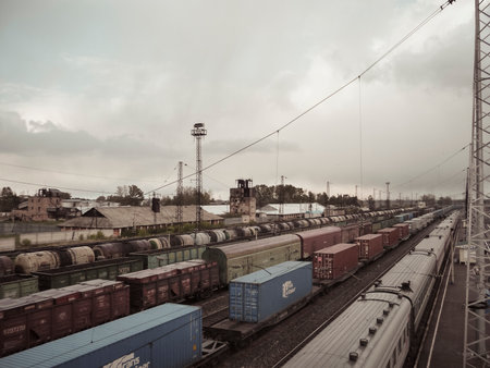 Mariinsk, Russia, September 2010: Long freight and passenger trains at the railway station of Mariinsk, Russia, on the Trans-Siberian railway.のeditorial素材