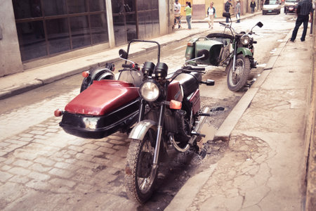 Havana, Cuba February 2011: Old motor bikes parked in the streets of Havanaのeditorial素材