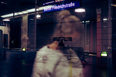Berlin, Germany, June 2022: Unrecognizable and defocused commuters on the Berlin u-bahn or Metro wearing FFP2 masks.のeditorial素材