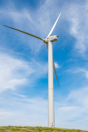 Lanzarote, Eolico Park, Spain, March 2023: View on a wind turbine of Eolicas de Lanzarote in Eolico Park on Lanzaroteのeditorial素材