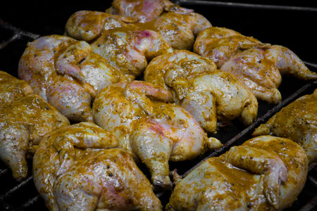 Close-up shot of roast chicken on a barbeque grill with dark backgroundの写真素材