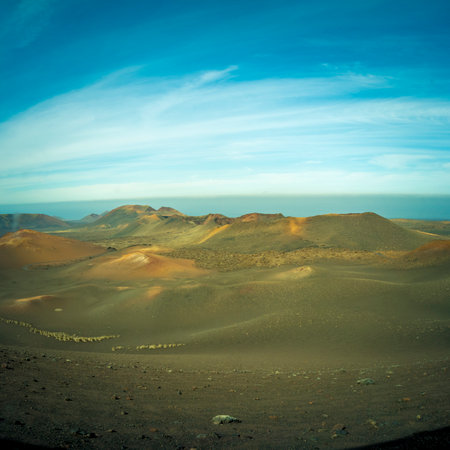 View on the volcanic landscape of Timanfaya National Park on the Canary Island of Lanzarote in Spain. Beauty in nature.の写真素材