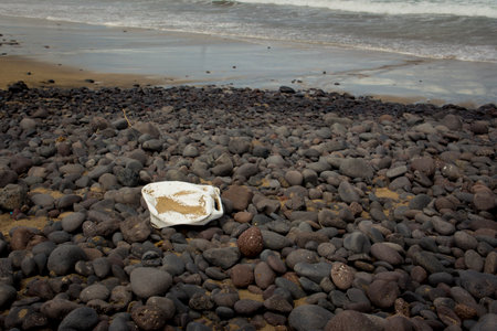 Plastic pollution washed up on the shore of Famara beach on Lanzarote, Canary Islands.の写真素材