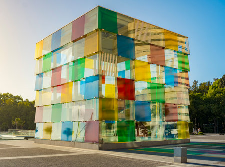 Malaga, Spain, April 2023: View on the Centre Pompidou colorful cube architecture by Daniel Buren. Location: Marina of Malaga, Spainのeditorial素材