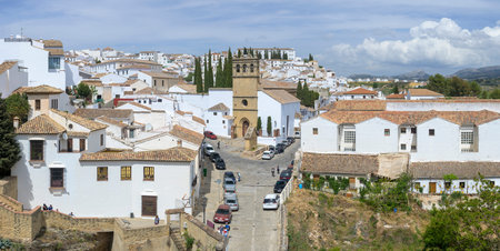 Ronda, Spain, April 2023: View on the whitewashed houses of Ronda in Andalusia and Padre Jesus churchのeditorial素材