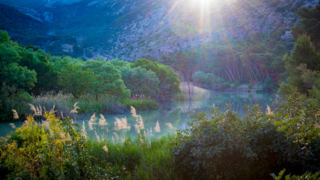View on the nature and landscape of river Embalse de Gaitanejo on the hiking path Caminito Del Rey in Gobantesの写真素材