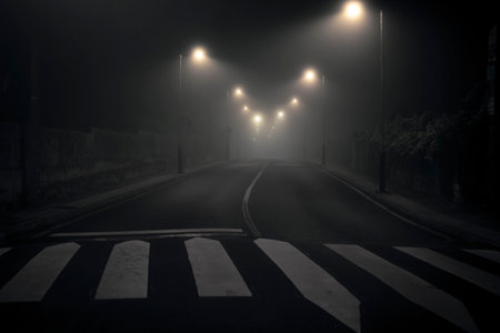 Night shot of a desolate, empty and abandoned city street with streetlights illuminating the road. Dark atmosphere.の写真素材