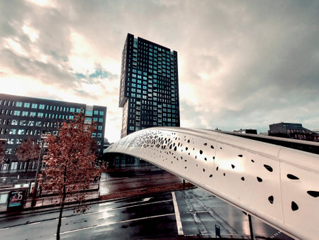 Antwerp, Belgium, November 5th 2023: View on Noorderplaats in Antwerp with pedestrian bridge Parkbrugのeditorial素材