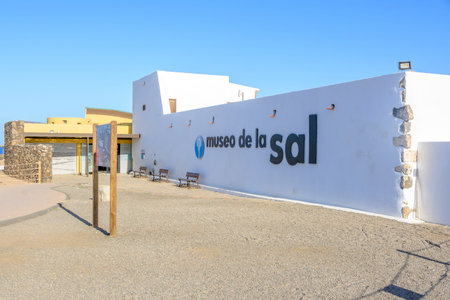 Antigua, Spain, February 15th 2024: View on the entrance of Del Carmen Saltworks museum in...