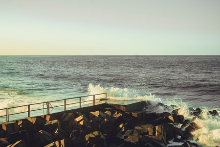 Seascape view on Atlantic Ocean at Jardim do Mar during sunset in Madeira, Portugalの写真素材
