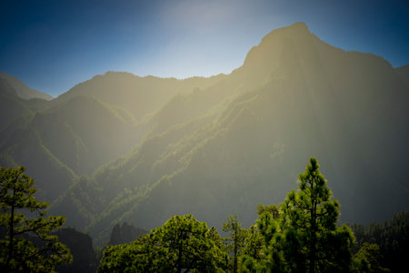 View on the Caldera de Taburiente landscape on Mirador del Lomo de Tagasaste, La Palma, Canary Islands of Spainの写真素材