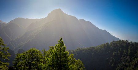 Panorama view on the Caldera de Taburiente landscape on Mirador del Lomo de Tagasaste, La Palma, Canary Islands of Spainの写真素材