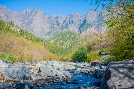 View at Barranco de las Angustias and Caldera de Taburiente on La Palma, Canary Islands, Spainの写真素材