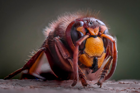Close-up of a European hornet, Vespa crabro, captured in extreme macro on blurry backgroundの写真素材