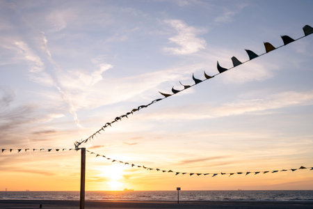 Colorful flags silhouetted against a serene beach sunset with soft clouds