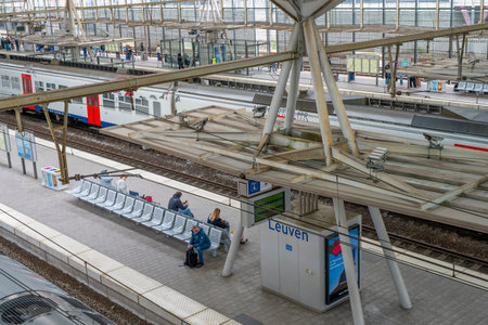 Leuven, Belgium, March 27th 2026: View on the railroad platforms of Leuven railway stationのeditorial素材
