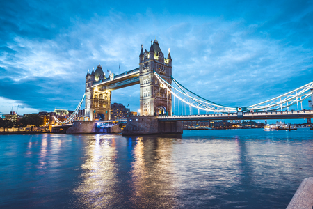 Illuminated Tower Bridge right after the sunsetの写真素材