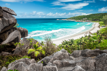 Amazing view at Grande Anse beach located on La Digue Island, Seychellesの写真素材