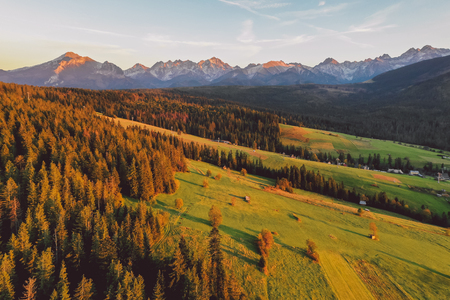 Epic sunset over Tatra mountains in Polandの写真素材