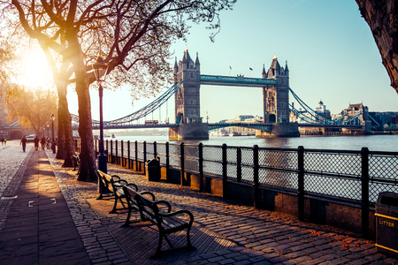 A boulevard next to the river Thames with Tower Bridge in the distanceの写真素材