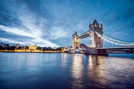 Illuminated Tower Bridge right after the sunsetの写真素材