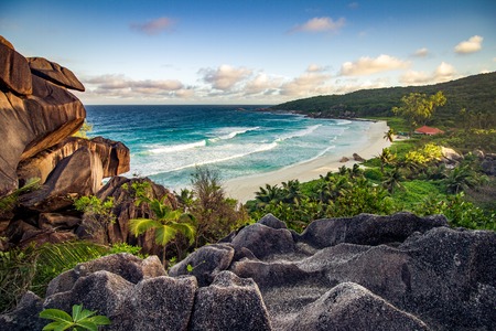Amazing view at Grande Anse beach located on La Digue Island, Seychellesの写真素材