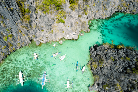 Aerial view of beautiful lagoons and limestone cliffs of Coron, Palawan, Philippinesの写真素材