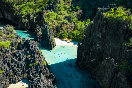 Aerial view of beautiful lagoons and limestone cliffs of El Nido, Palawan, Philippinesの写真素材
