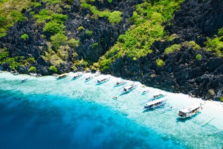Aerial view of beautiful lagoons and limestone cliffs of El Nido, Palawan, Philippinesの写真素材