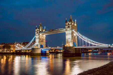 Illuminated Tower Bridge right after the sunsetの写真素材