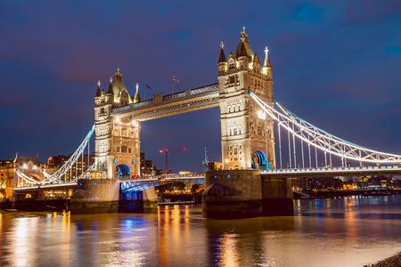 Illuminated Tower Bridge right after the sunsetの写真素材