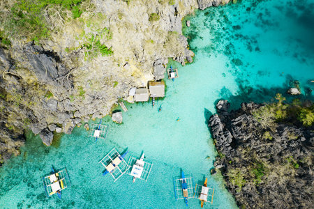 Aerial view of beautiful lagoons and limestone cliffs of Coron, Palawan, Philippines