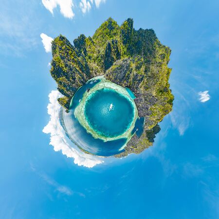 Epic little planet panorama of blue lagoons and limestone cliffs of Coron, Palawan, Philippines.の写真素材