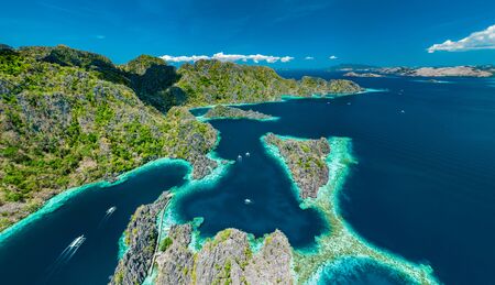 Aerial view of beautiful lagoons and limestone cliffs of Coron, Palawan, Philippinesの写真素材