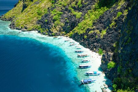 Aerial view of beautiful lagoons and limestone cliffs of El Nido, Palawan, Philippinesの写真素材