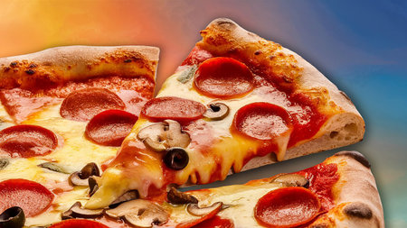 A mouthwatering close-up image of a delicious pizza, featuring a gradient background that...