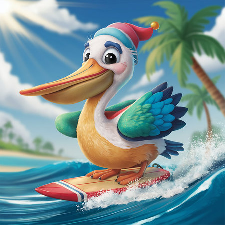 : Cute Pelican Bird Surfing Cartoon Vector Icon Illustration Animal Holiday Icon Concept Isolated, beautiful wallpaper, print digital backgroundâgenerative AI..の写真素材