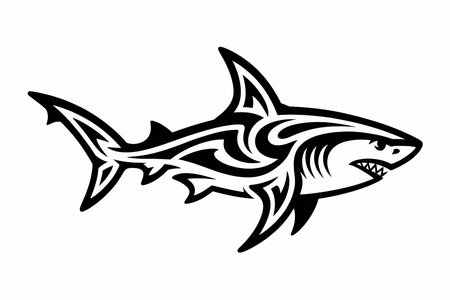 A black and white of a shark with tribal patterns integrated into its body, resembling butterfly wings. The shark has sharp teeth and a fierce expression, with stylized fins and tail. The is bold and set against a white background.の素材