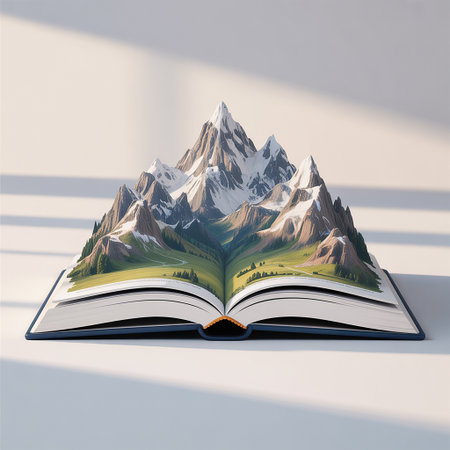 An open book with a dark blue cover a vibrant 3D landscape emerging from its pages. Snow-capped mountain peaks rise dramatically, with green valleys and scattered trees filling the space between them. A winding road is visible in the valley. The book rests on a white surface, with soft shadows cast across it.の素材