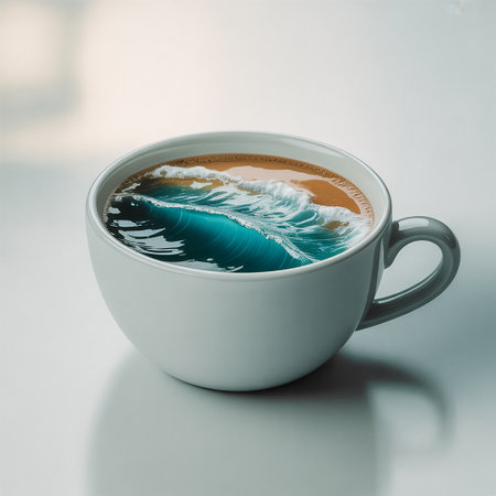 A white ceramic coffee cup sits on a light gray surface. Inside the cup, a miniature ocean wave with white foam crests over a sandy beach. The water is a vibrant turquoise blue, contrasting with the light brown sand. The cup has a gray handle and is illuminated by soft light, casting a subtle shadow.の素材