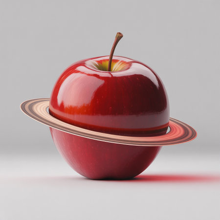 A glossy red apple is positioned with a ring system resembling Saturn's rings encircling its middle. The apple has a stem and is set against a plain gray background with subtle lighting and a soft shadow cast on the surface.の素材