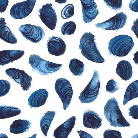 Blue seashells isolated on white background. Shell seamless patternの写真素材