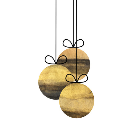 Merry Christmas and happy new year illustration. Vector 10 eps black ink and gold glitter poster. Tree toys isolated on white background.のイラスト素材