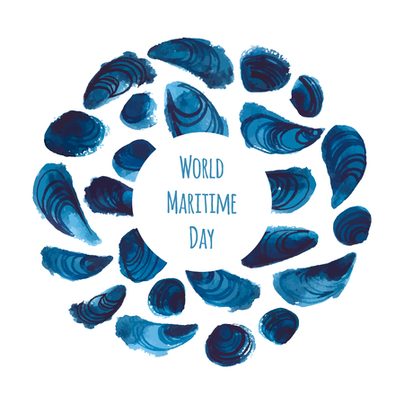 World Maritime Day vector illustration. Background with watercolor seashells. All elements under clipping mask.のイラスト素材