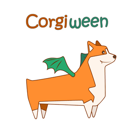 Happy welsh corgi breed dog, cutest and smallest sheepdog in halloween costume. Vector illustrationのイラスト素材
