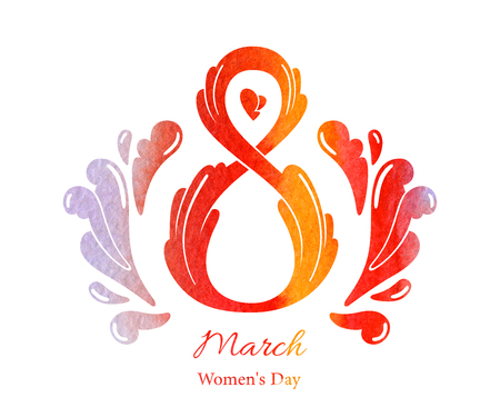 8 March Womens Day watercolor greeting card template, isolated on white backgroundの写真素材