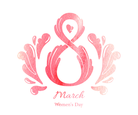 8 March Womens Day watercolor greeting card template, isolated on white backgroundの写真素材