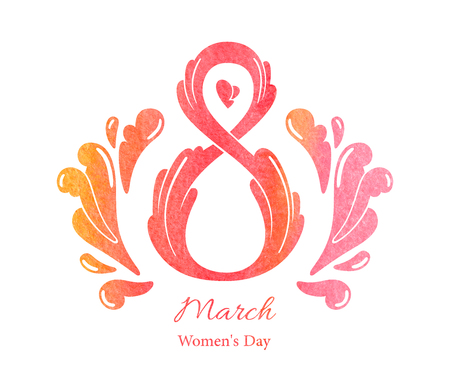 8 March Womens Day watercolor greeting card template, isolated on white backgroundの写真素材